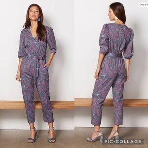 NWT EVEREVE Ember Jumpsuit V-Neck Multicolor Print Cotton Blend Tie Waist M